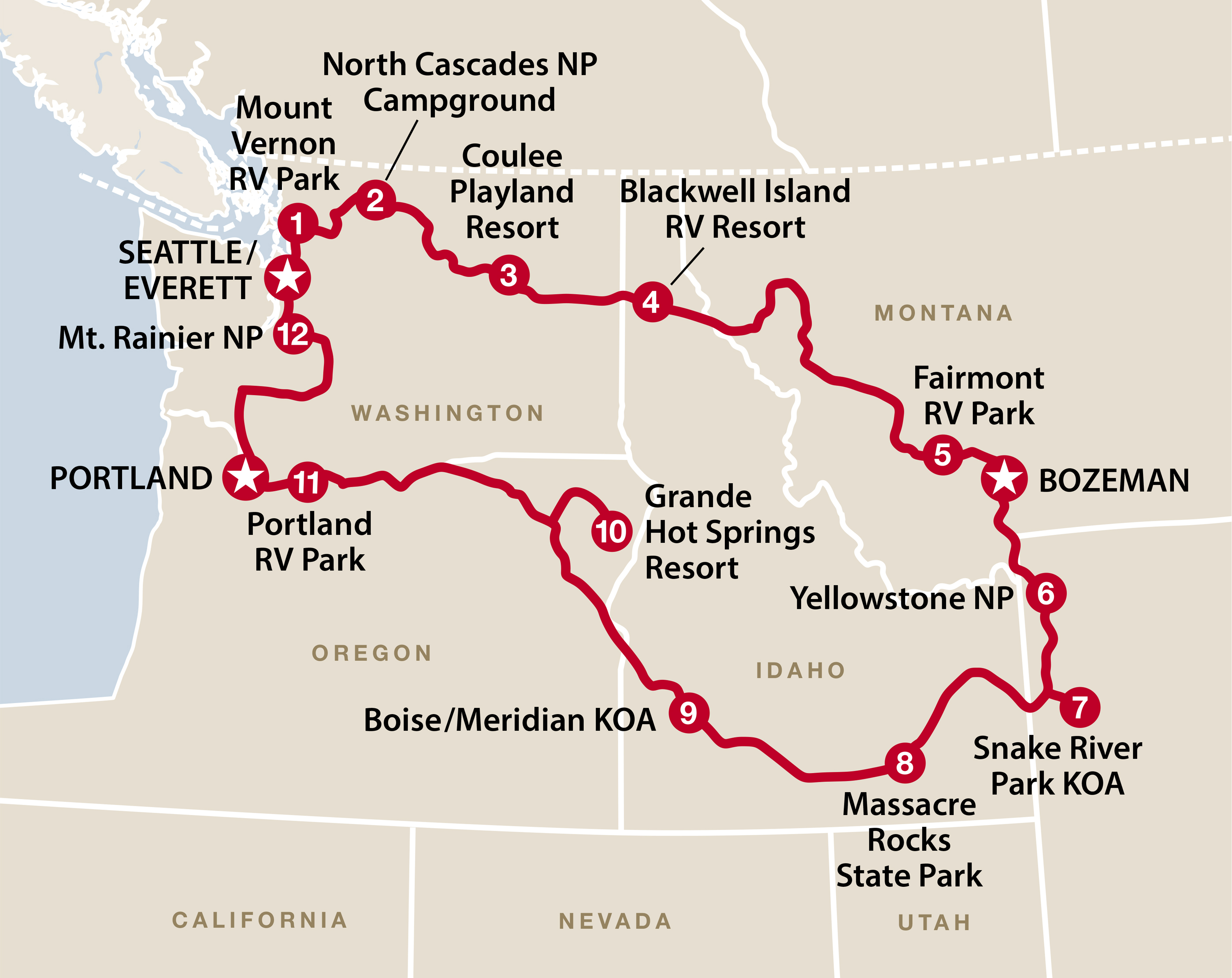 Mapa ruta Northwest USA